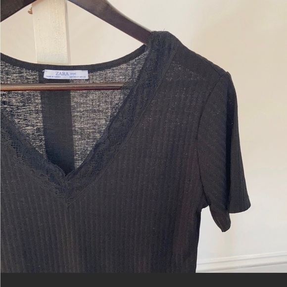 ZARA Black Lace Trimmed Ribbed Knit Short Sleeve Tee Med - Picture 4 of 9